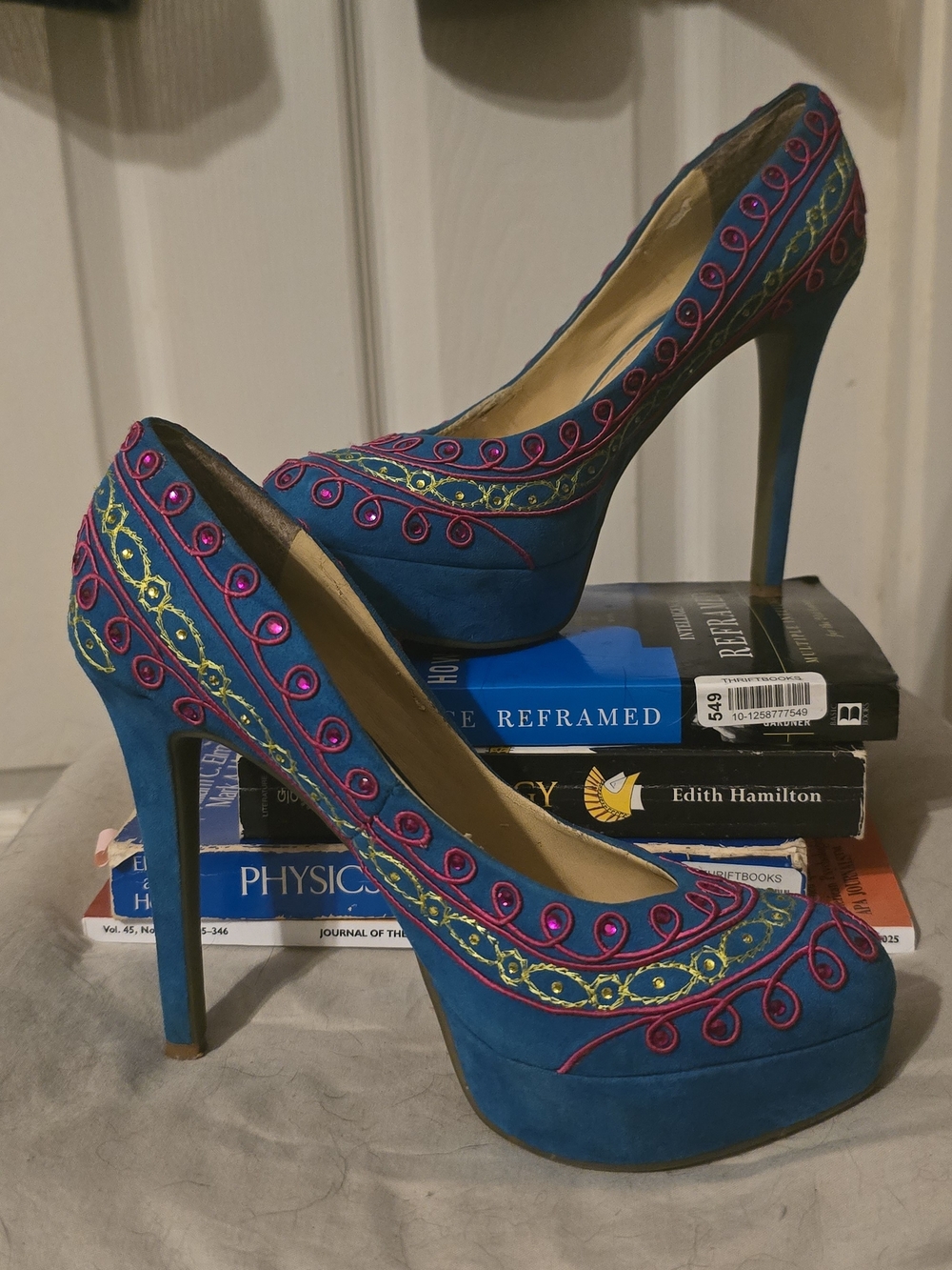 Gianni Bini Teal Embroidered Platform Stiletto Pumps Pink Sequin Heels